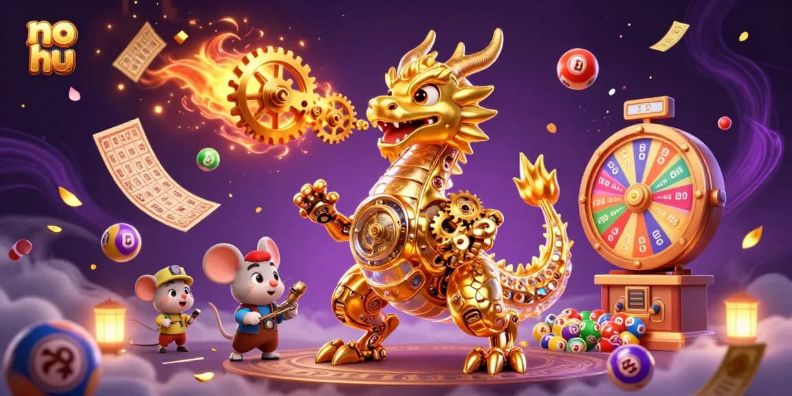 Win big with no hu at this dynamic casino scene featuring a golden dragon and lottery elements.