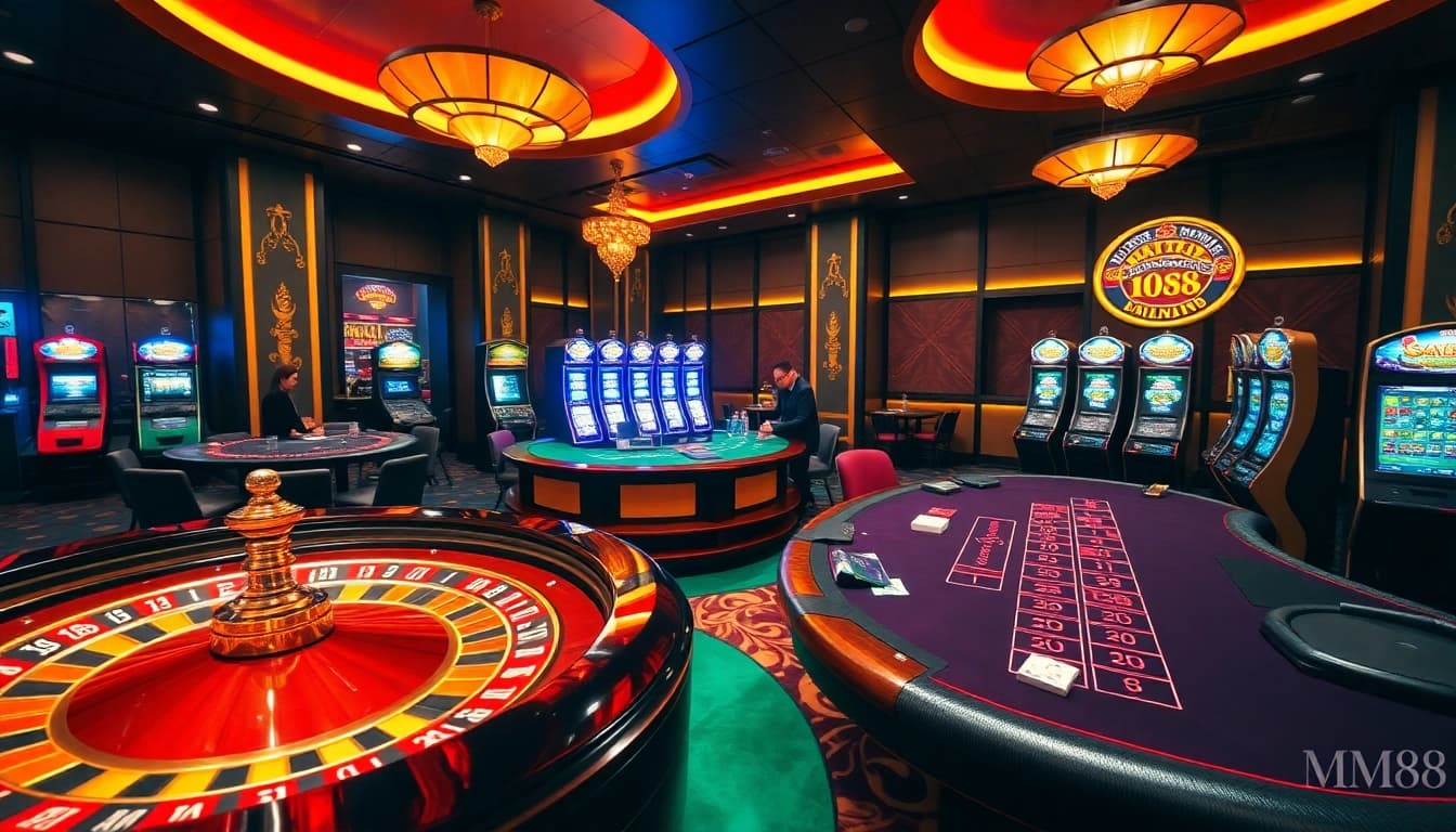 Engage with thrilling gameplay at Trang chủ MM88, showcasing a vibrant casino setting with players at blackjack and slot machines.