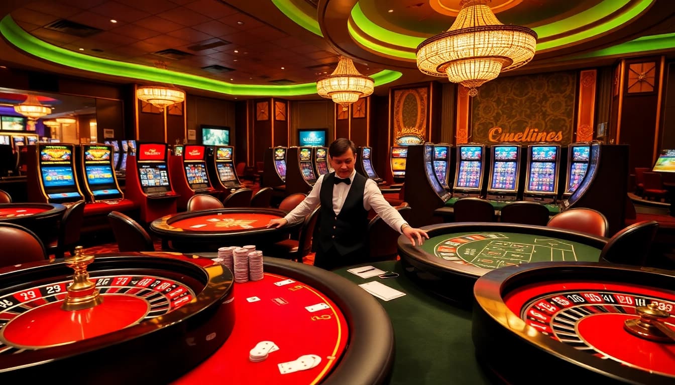Engaging scene of players at 79KING casino tables, highlighting poker chips and cards.