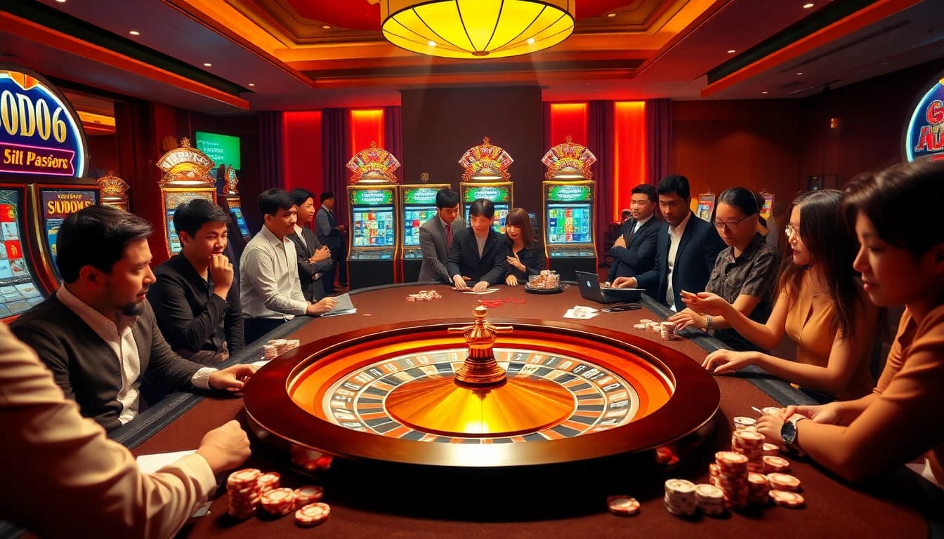 SODO66 players engaging at a vibrant casino table with roulette and poker excitement.