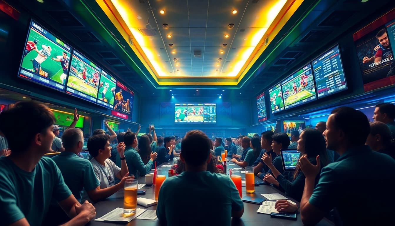 Tylelekeo888 sports betting excitement in a vibrant modern bar.