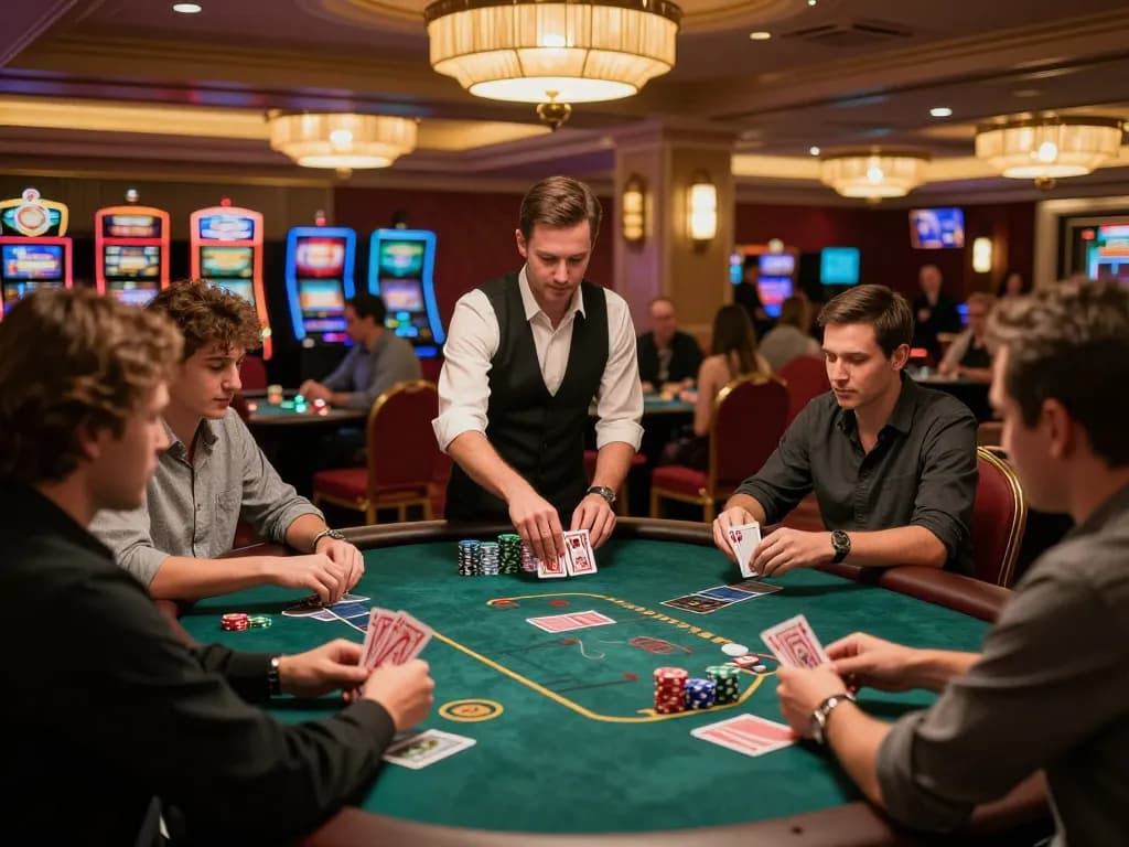 Engaged players enjoying a thrilling blackjack game at hm88 casino under warm lighting.