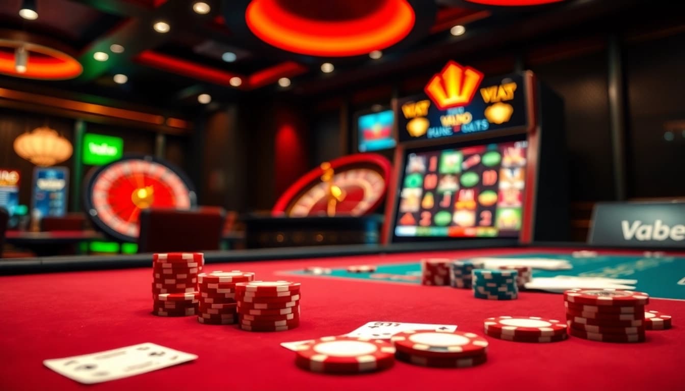 Vaobet players enjoying high-stakes poker at a luxurious casino table with vibrant colors.