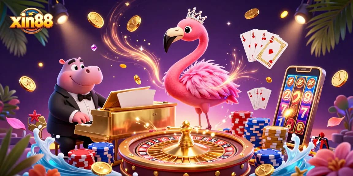 Experience exciting gaming moments with xin88, showcasing a lively casino scene with colorful characters and action-packed elements.