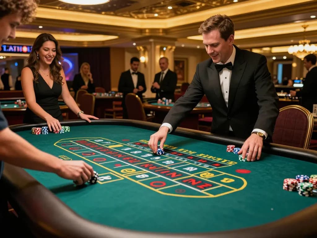 Các người chơi LUCK8 phản ứng khi họ đặt cược trên bàn roulette đầy màu sắc tại một sòng bạc cao cấp.