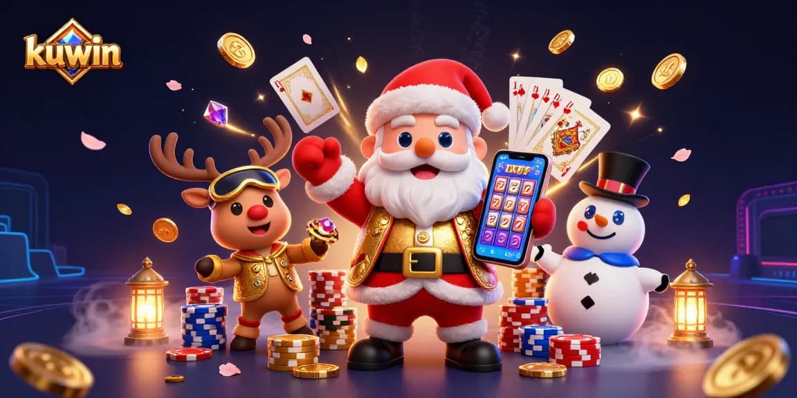 Experience kuwin casino thrills with Santa, reindeer, and snowman amidst spinning slots and vibrant gameplay elements.