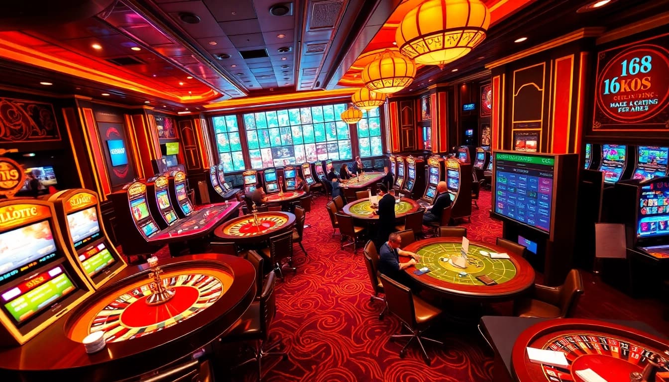 Experience the thrill of f168 at an upscale casino with vibrant tables and excited players.