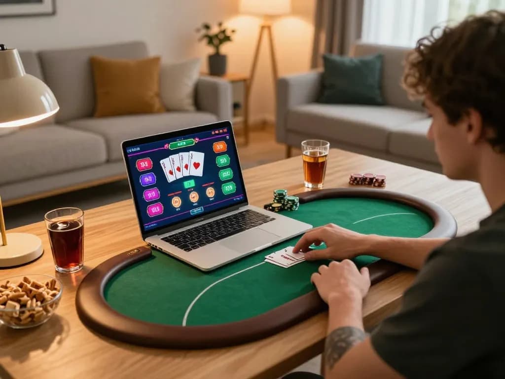 Player enjoying an online poker game on 888NOW from a cozy home setup