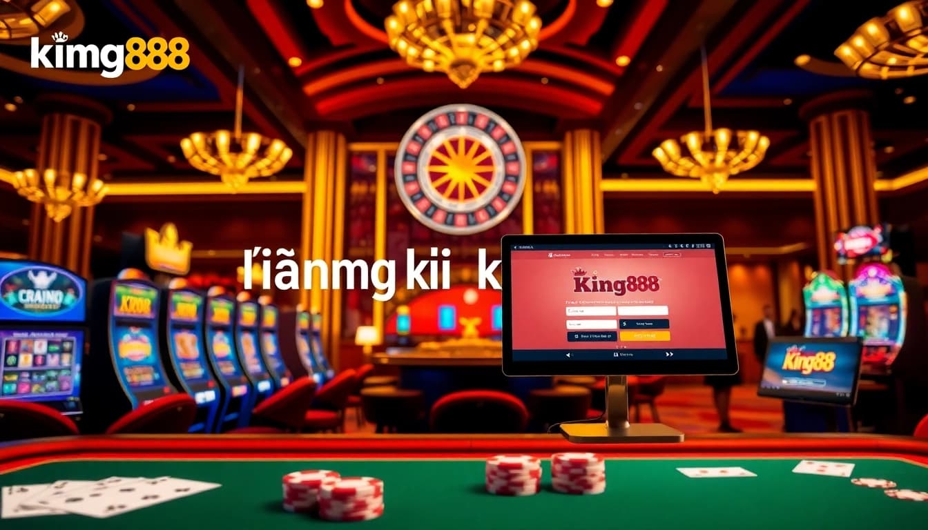 Engaging scene of Đăng ký King88 registration process with casino elements and digital devices.