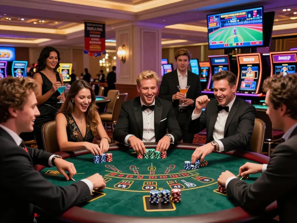 Exciting casino scene featuring friends enjoying the bomwin gaming experience at a blackjack table.