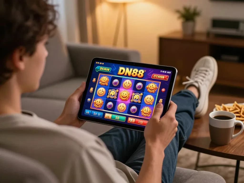 Engaging with DN88 app for online slots in a cozy home setting, enjoying gaming experience