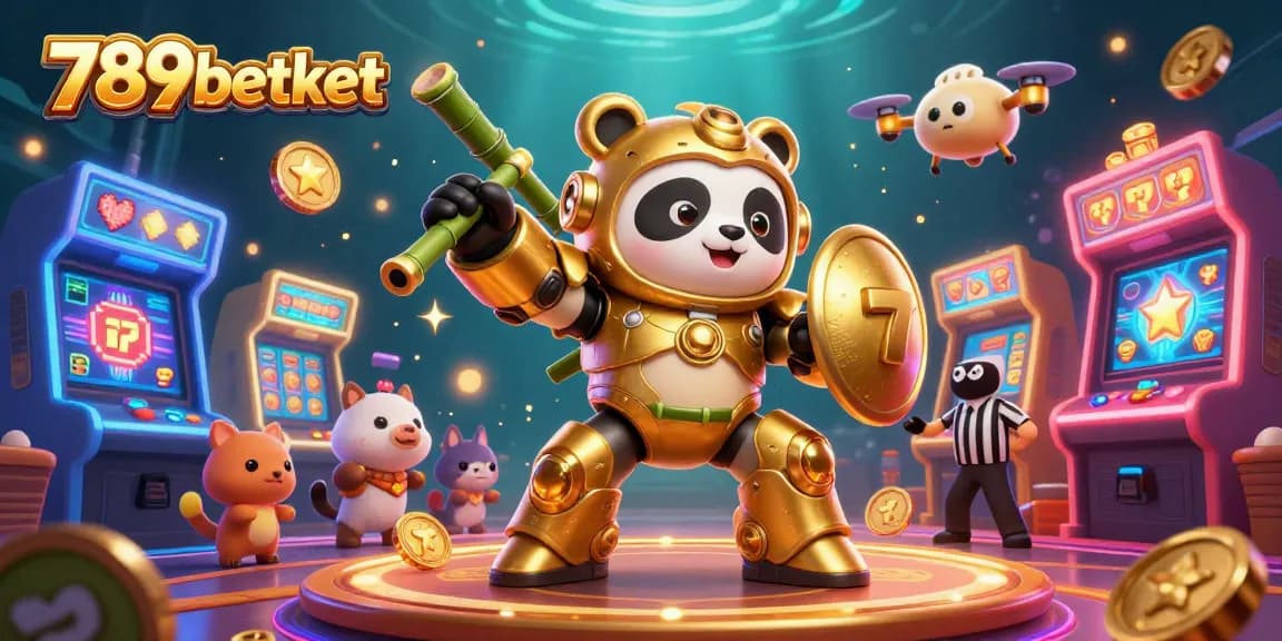 Engage with the vibrant casino scene featuring a golden panda bot and elements showcasing 789betket's slots excitement.