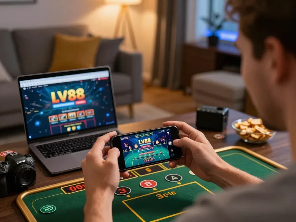 An excited player engaging with LV88 online casino game from home, celebrating a winning moment.