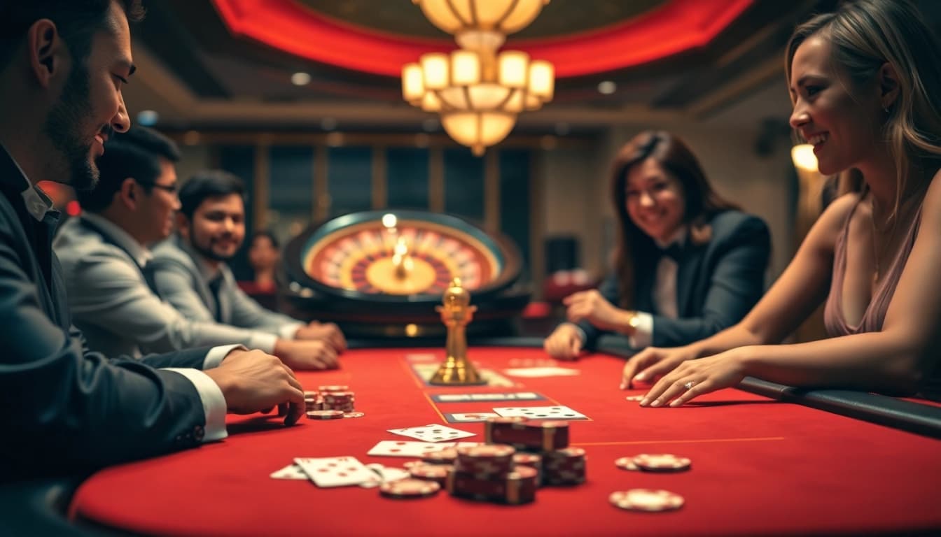 Experience thrilling gameplay at a luxurious casino with nohu90, showcasing poker chips and cards.