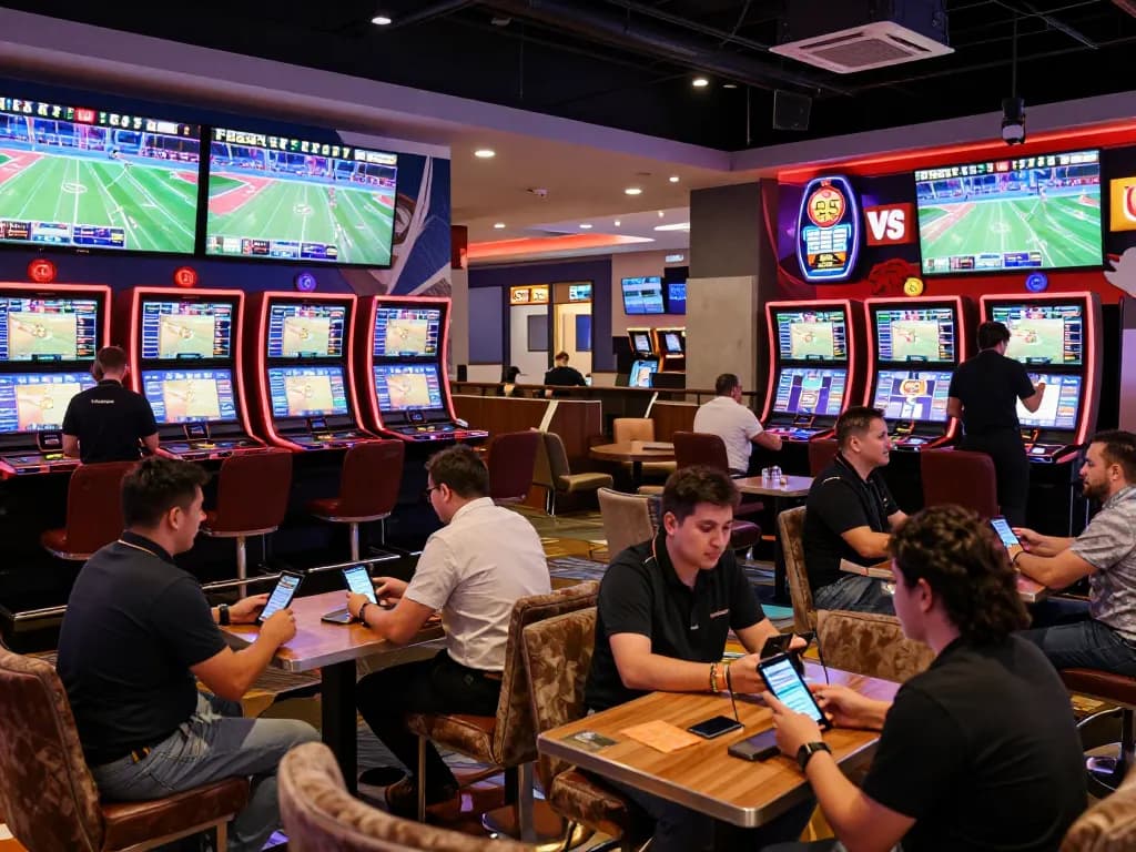 Excited bettors engaging in sports betting at ONE88.COM lounge, showcasing dynamic environment and live action.