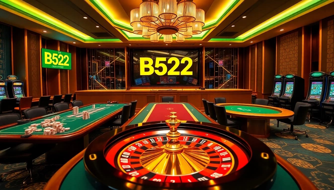 Exciting B52 online casino gameplay showcasing vibrant tables, chips, and roulette wheels.