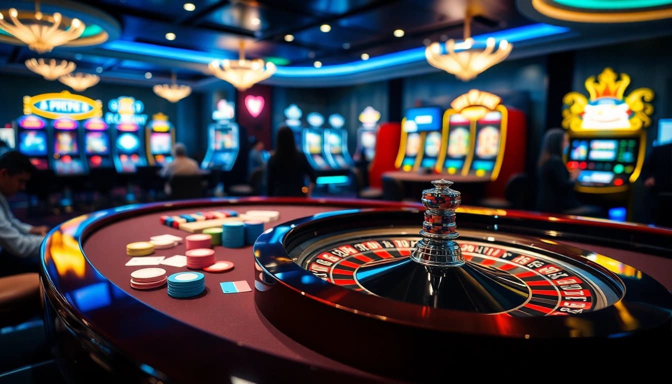 Exciting gambling scene showcasing 888NEW with vibrant casino tables and playing cards.