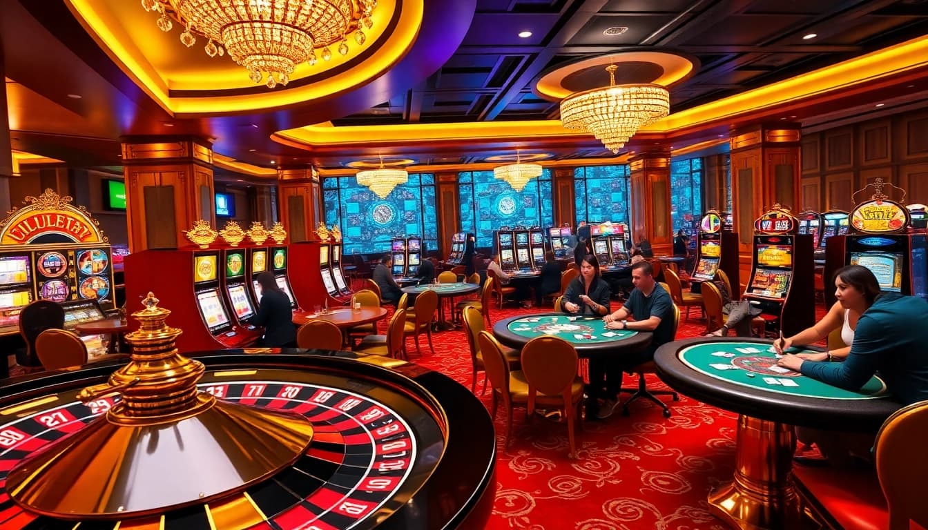 Experience the excitement of vip88.games with players enjoying vibrant casino games and luxurious gaming tables.