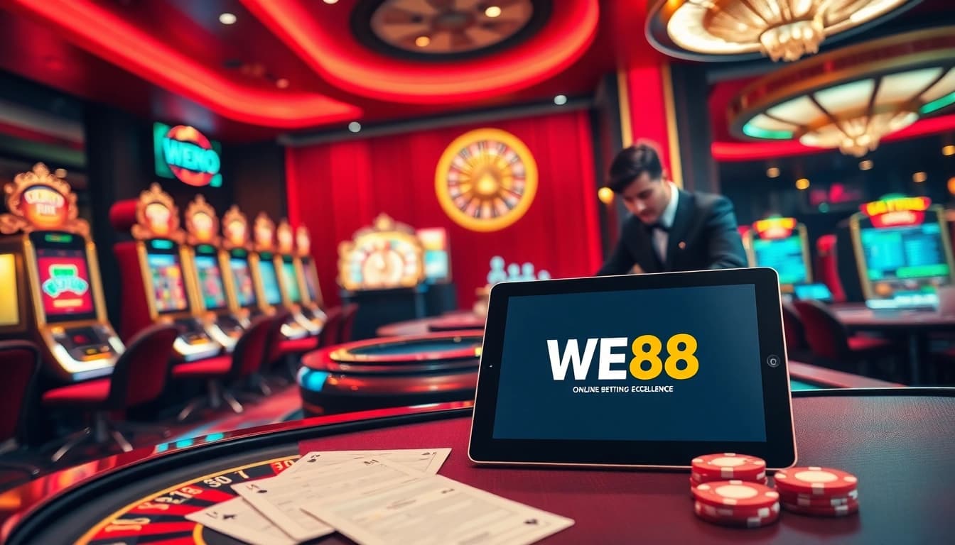 Experience the thrill of WE88 with vibrant casino games, chips, and immersive dealer interactions.