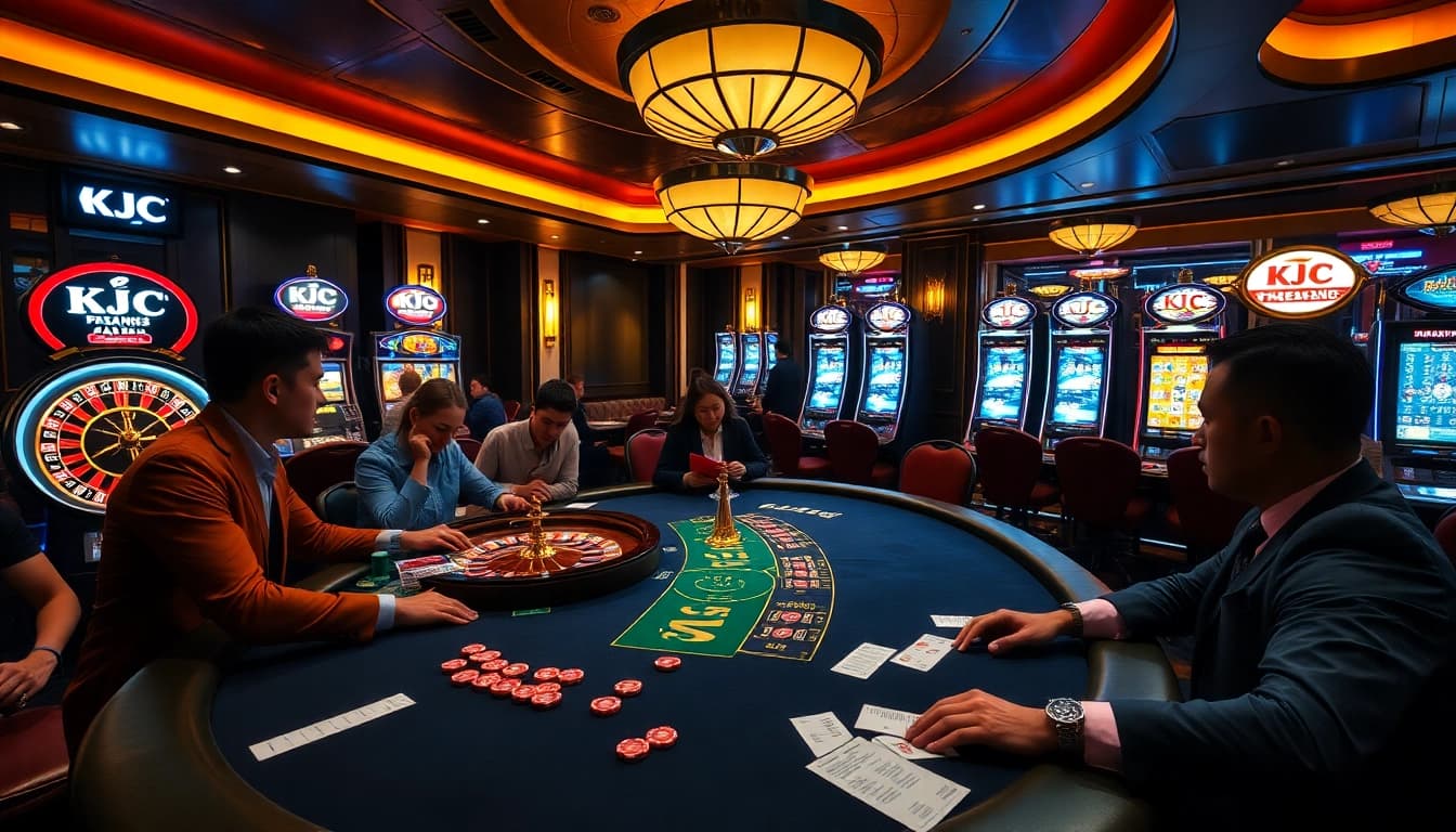 KJC branded poker game in a luxurious casino setting, showcasing vibrant chips and roulette.