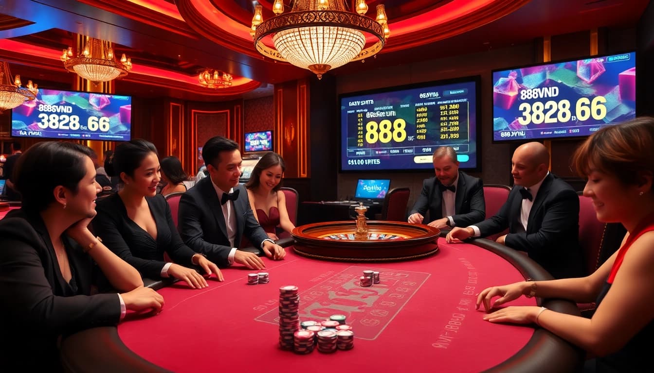 The excitement of high-stakes gambling at 888VND casino with poker players and roulette.