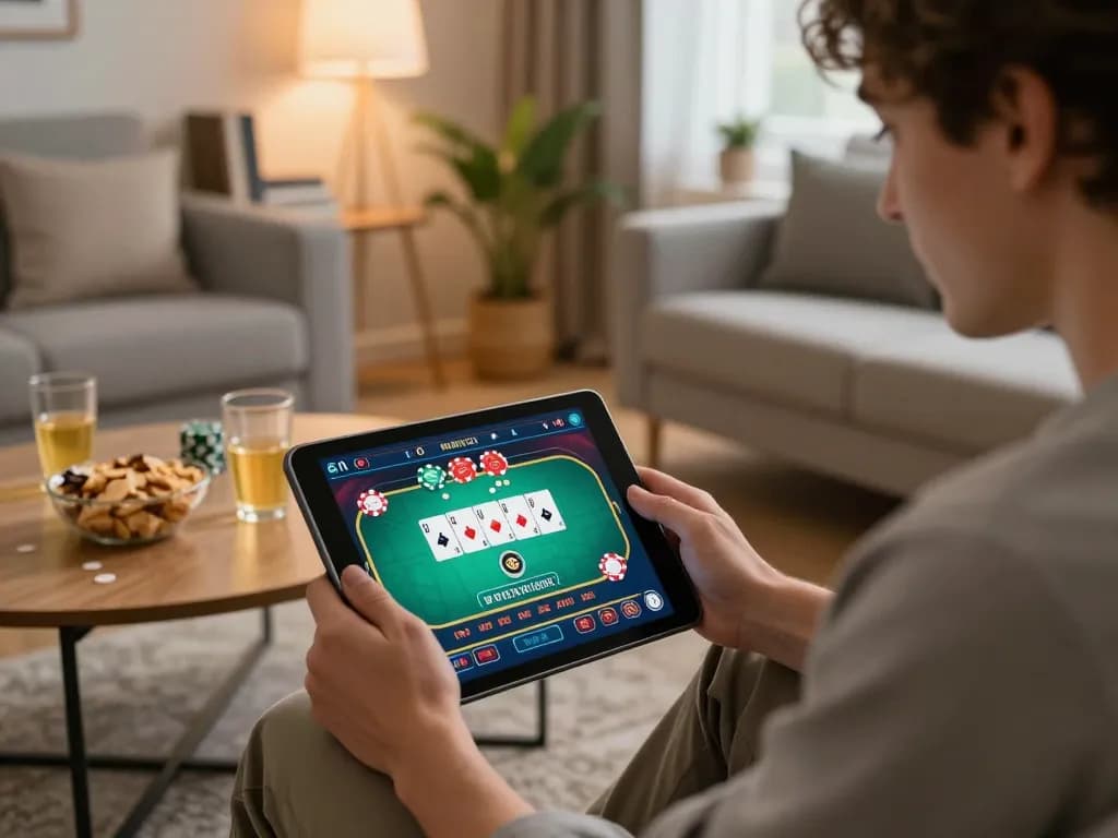 Player enjoying x88 online poker on tablet at home with ambient lighting and snacks