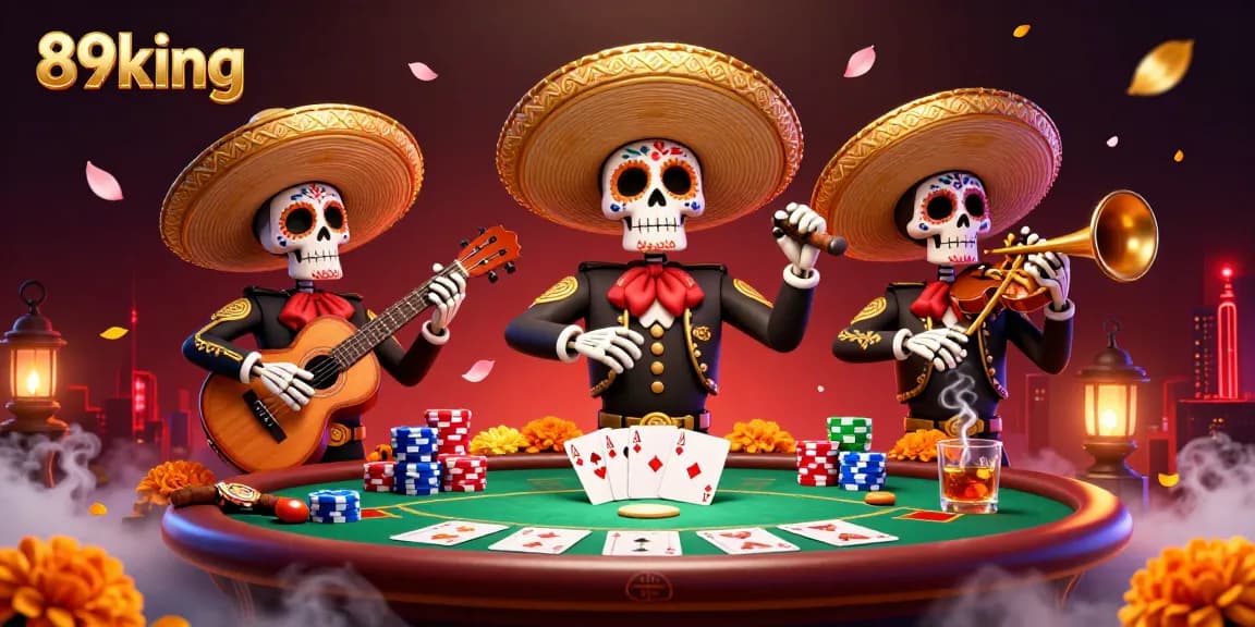 Join the excitement at 89king with a vibrant mariachi band and poker elements in action.