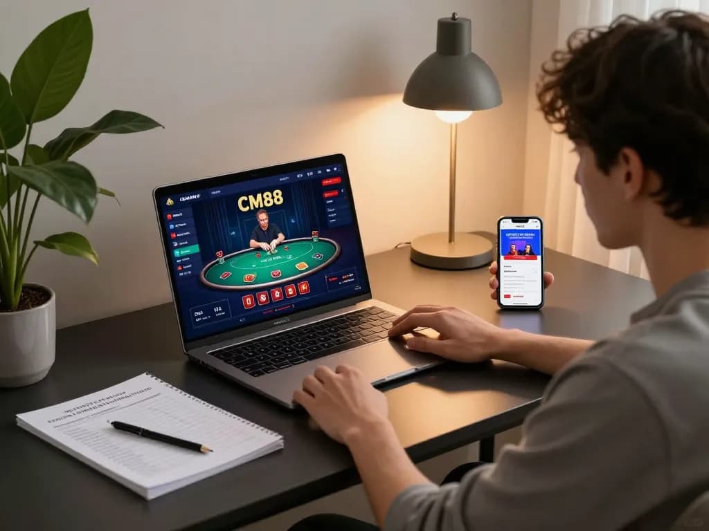 Player engaged in online poker at CM88, showcasing strategy notes and smartphone app in a cozy home setting.