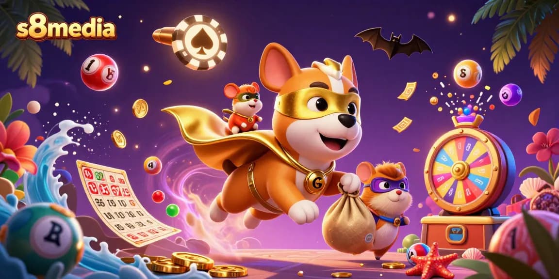 Win big with s8media as a heroic 3D cartoon dog and sidekick ignite excitement in a colorful casino world.