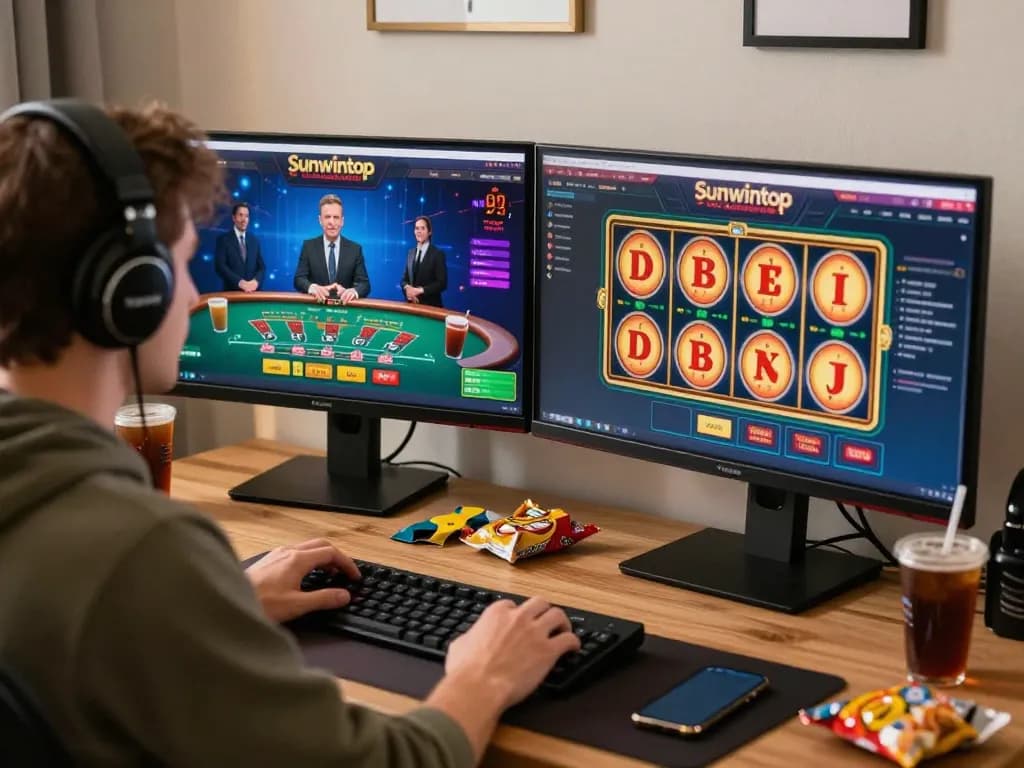 Player engaging with sunwintop online casino on dual monitors, enhancing gaming experience and strategy.