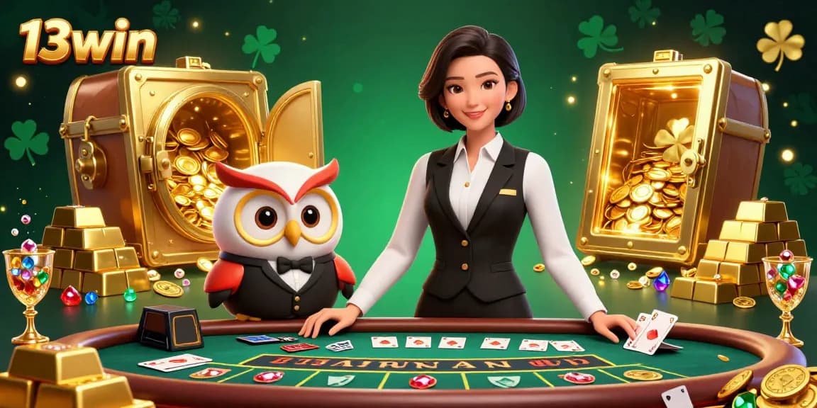Engage with 13win's vibrant live casino atmosphere featuring dealers and game elements.