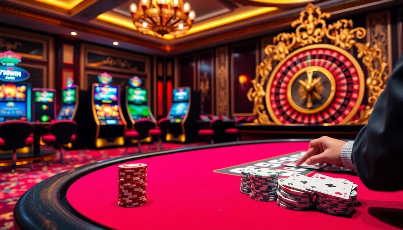 Engaging scene highlighting the 789win link with poker chips, cards, and a roulette wheel.