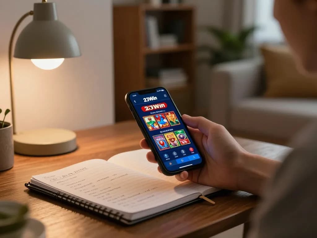 Person strategizing in mobile casino games at 23Win, highlighting safe gaming practice