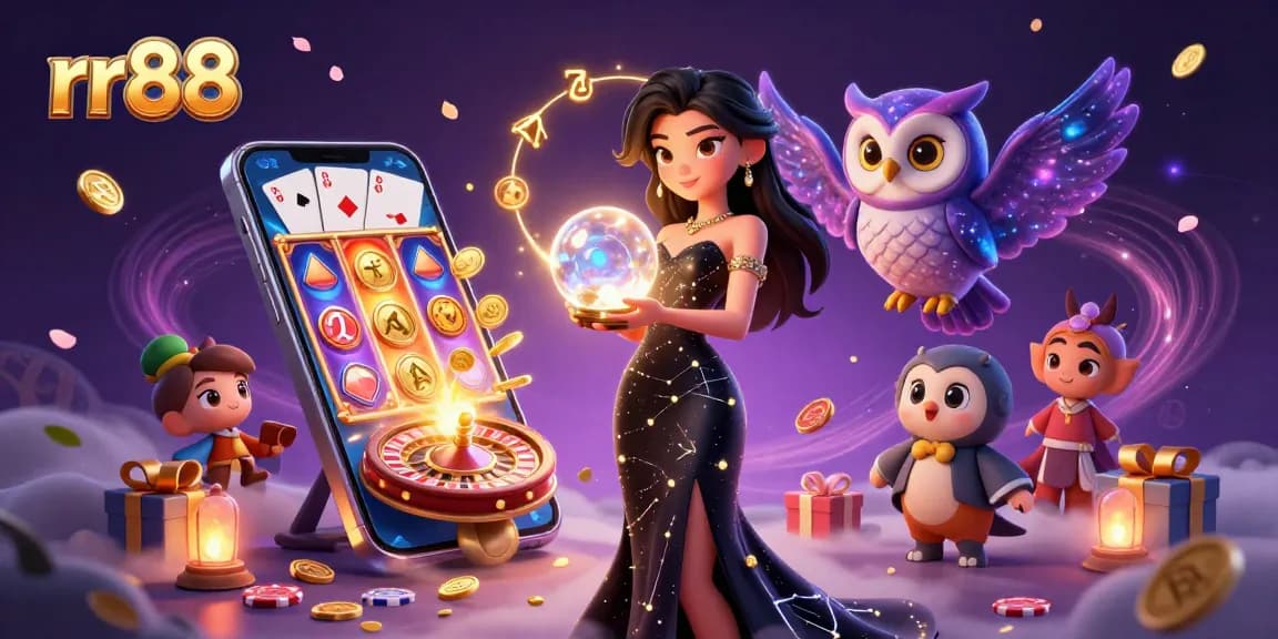 Engage with rr88, a vibrant scene of a mystical woman, owl, and dynamic casino elements.