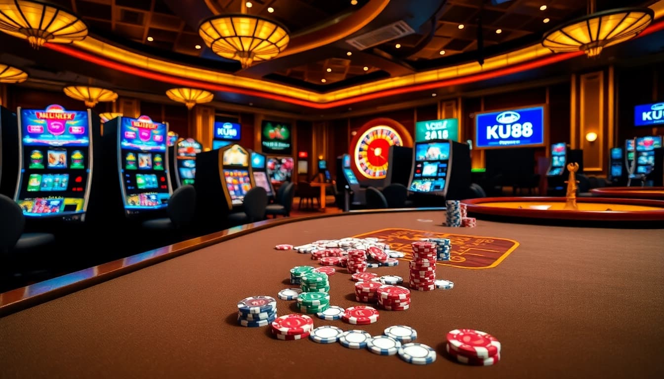 Experience the thrill of gambling at KU88 with lively casino tables and vibrant slot machines.