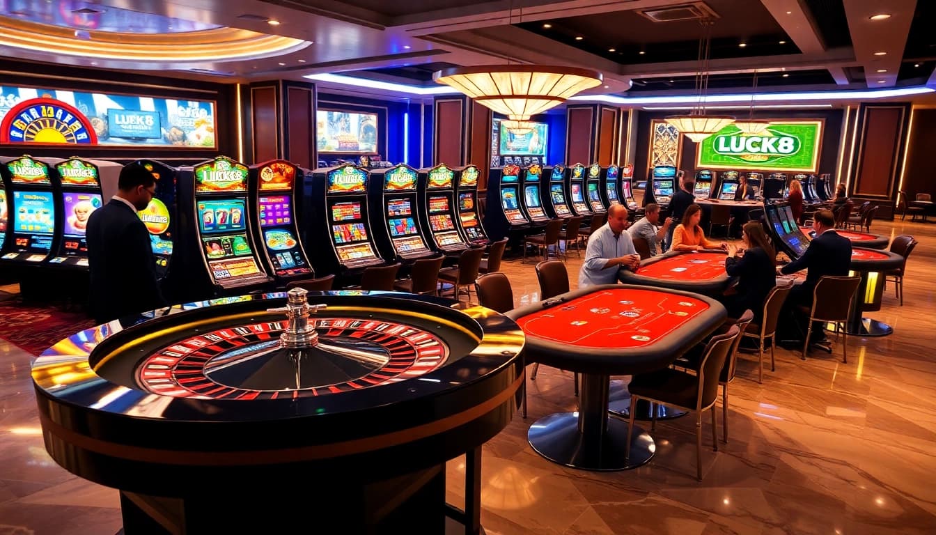 Experience thrilling bets with LUCK8 at a luxurious casino featuring vibrant slot machines and exciting poker tables.