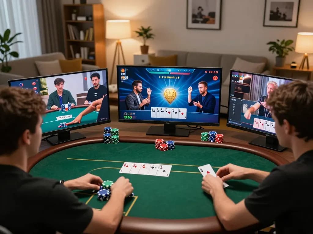 Play MM88 poker online with players celebrating wins in an engaging home setting, highlighting strategic gameplay.