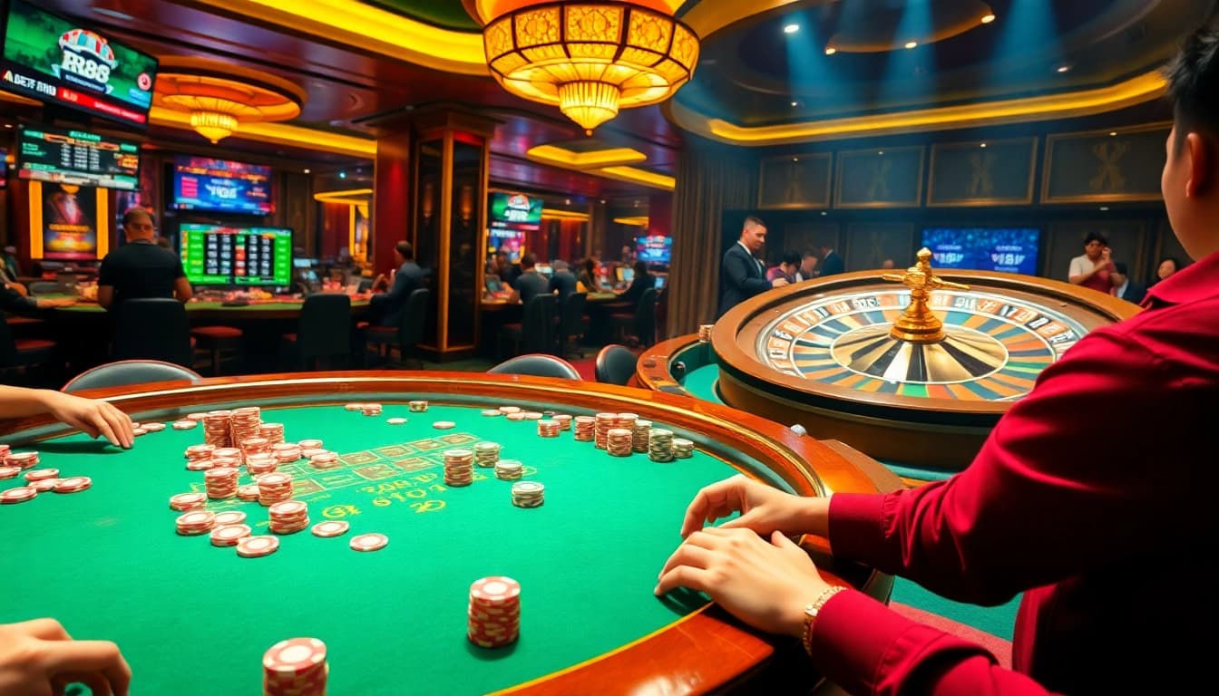 Experience the excitement of RR88 with vibrant poker action in a luxurious casino setting.