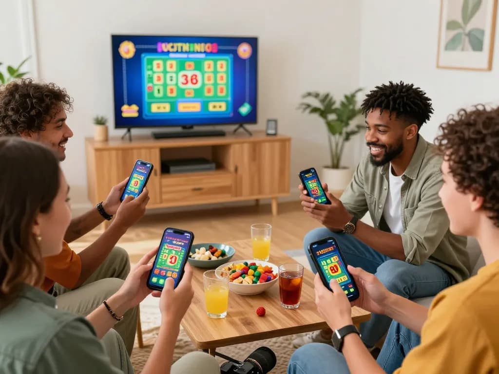 Engaging friends enjoying đánh lô online lottery game together in a vibrant living room.