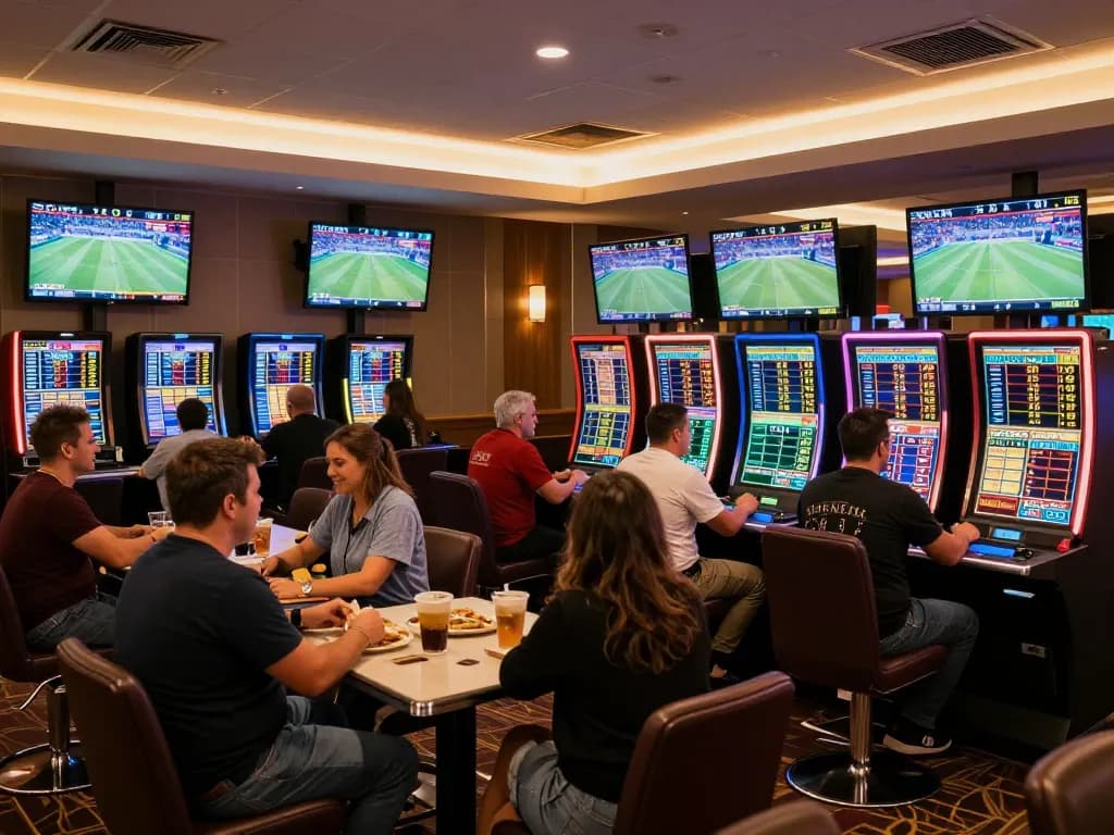 Engaged bettors analyzing keo nha cai in a modern sports betting lounge