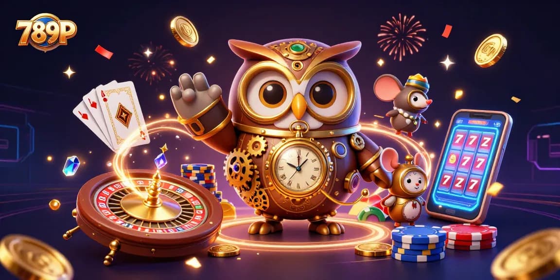 Experience the thrill of gaming at 789P with a time-traveler owl and vibrant casino elements.