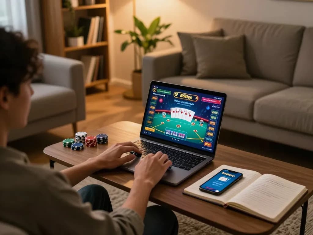 Person engaged in online gaming at 888top, using a laptop and notebook for strategy.