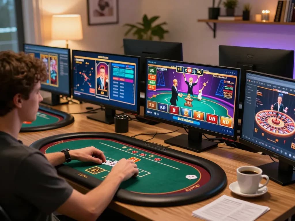 Engaging in online casino games with 68win in a cozy home office setting, showcasing strategic gameplay
