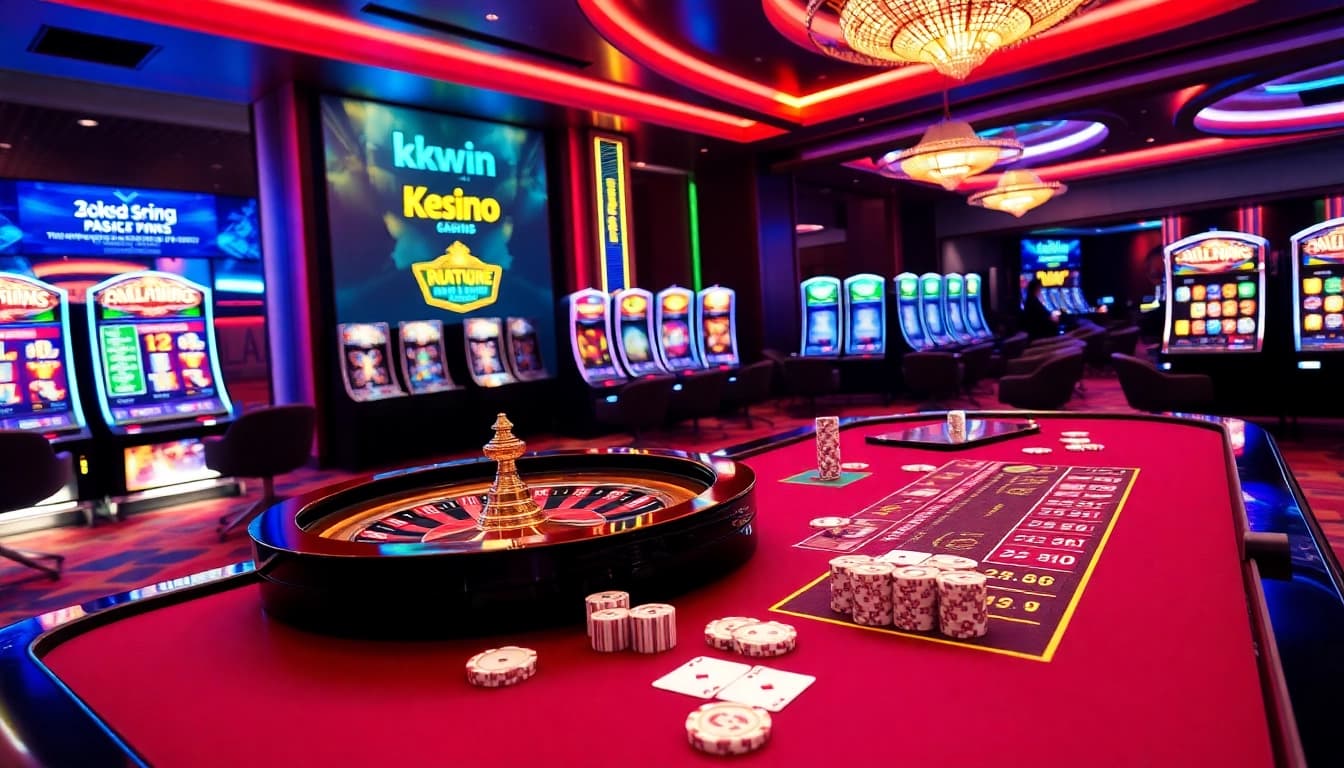 Experience the thrill of online gaming with kkwin com, featuring modern casino elements and vibrant lighting.