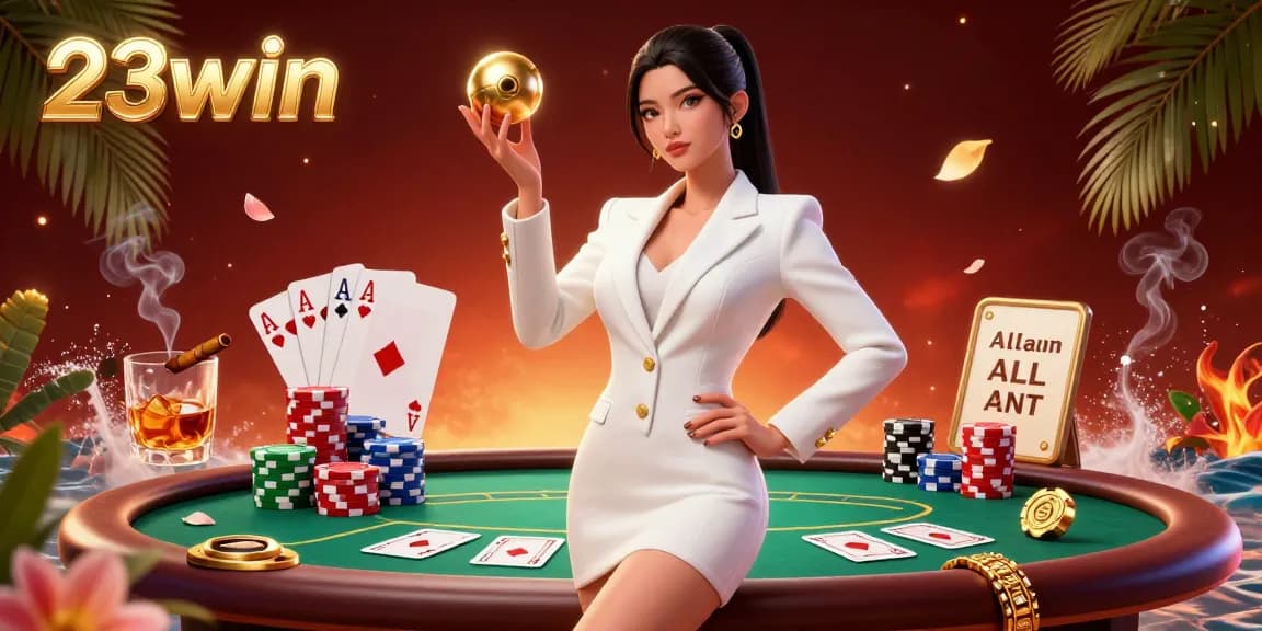 Engage with 23win's vibrant casino scene featuring a confident Asian woman holding a golden roulette ball amidst exciting game elements.
