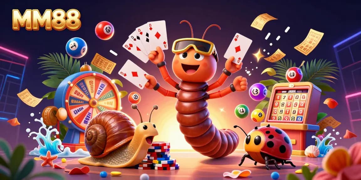 Engage with MM88's exciting gameplay featuring a vibrant scene with a cartoon millipede dealer and high-roller snail.