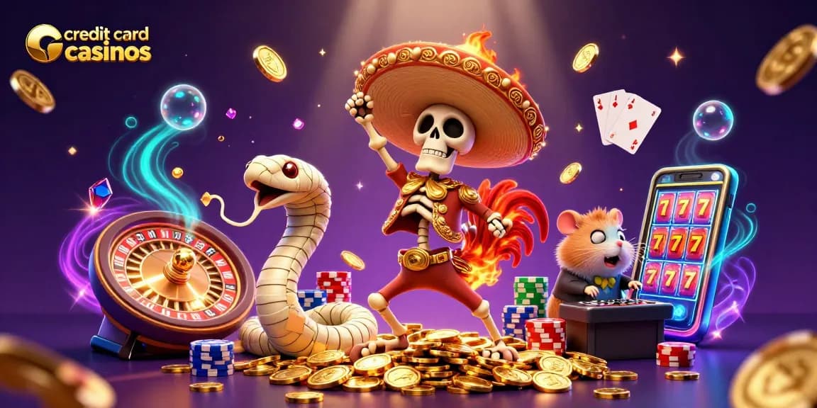 Experience vibrant action at credit card casinos with a 3D cartoon scene of characters celebrating on golden coins.