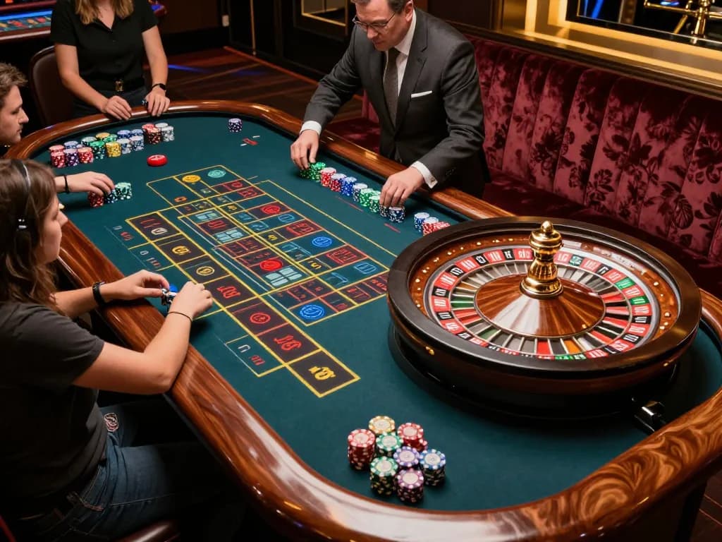 Experience the thrill at five88z with players placing bets at a roulette table in a stylish casino.