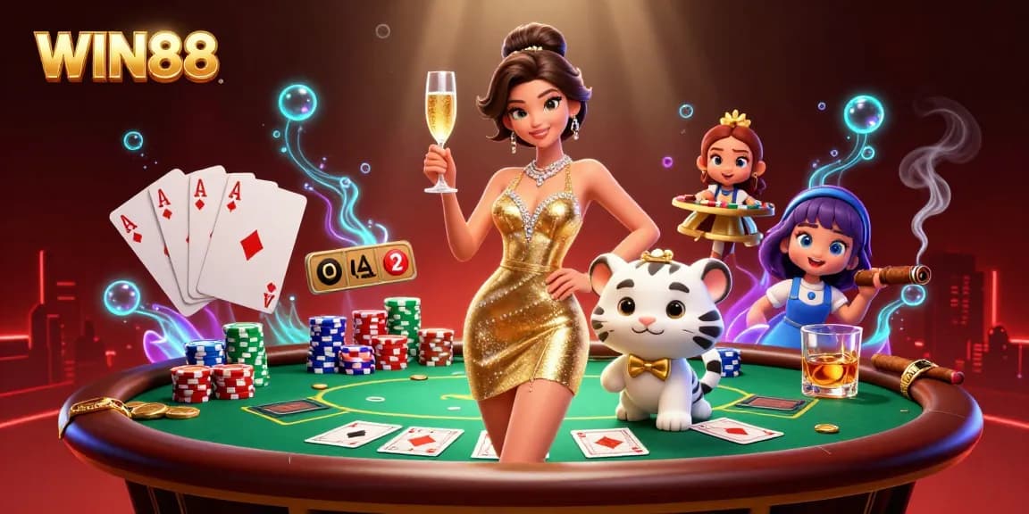 WIN88: Join the glamorous casino scene with poker chips and a lucky tiger cub.