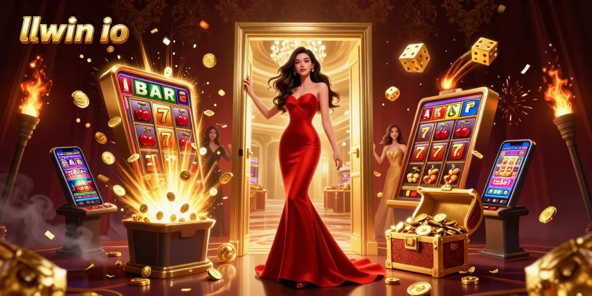 Experience llwin io gameplay with a glamorous woman framed in a luxury casino entrance.